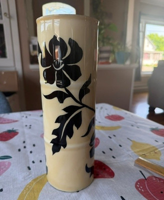 11'' Ceramic Cylinder Vase Monochrome Floral Design w/light Yellow Background 
