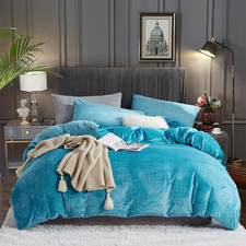 Turquoise Blue Fluffy Velvet Duvet Cover Set Queen Size 3Pcs Cozy Plush Fleece