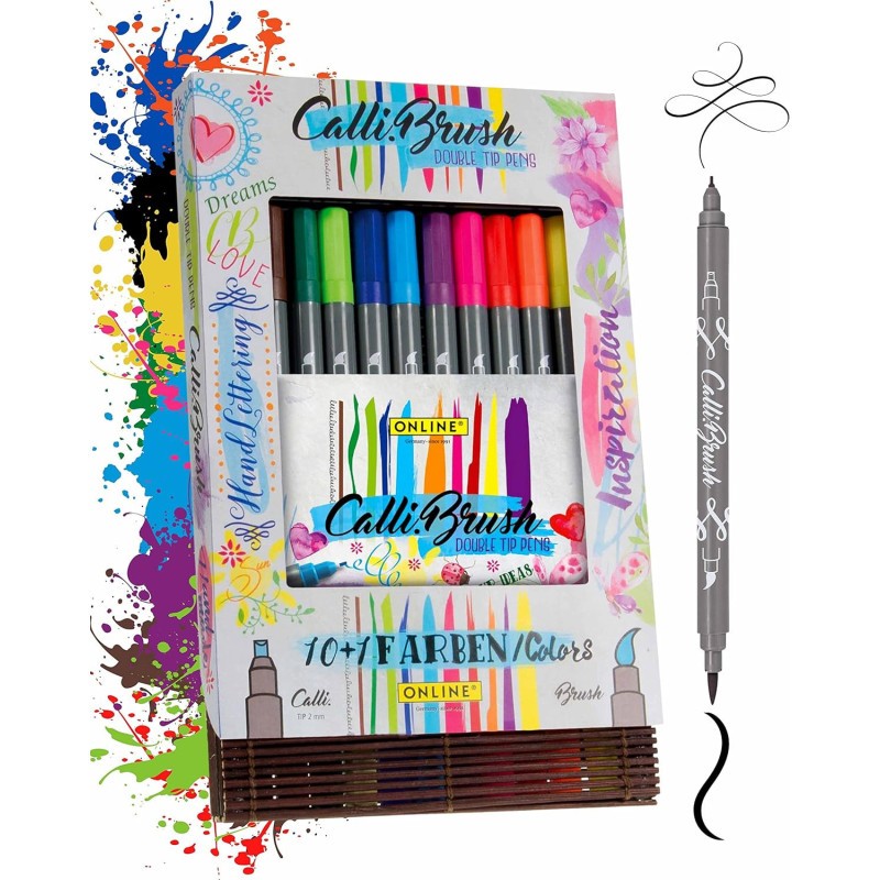Feutres de calligraphie Online à double pointe pinceau et 2mm en 11 couleurs