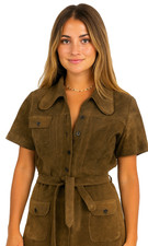 VTG 70s Brown Suede Skirt Suit Safari Jacket Butterfly Collar Finland M Snaps