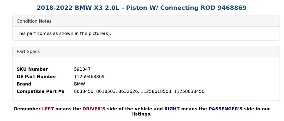 2018-2022 BMW X3 2.0L - Piston W/ Connecting ROD 9468869 - Image 3 of 4