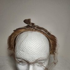 Vintage 1950s Mink Fur Headband Fascinator w/Net Veil Brown