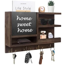 Key Holder for Wall, Mail Organizer Wall Mount with Key Hooks and Dark Brown