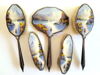 Antique Sterling Silver Enamel Vanity Set.
