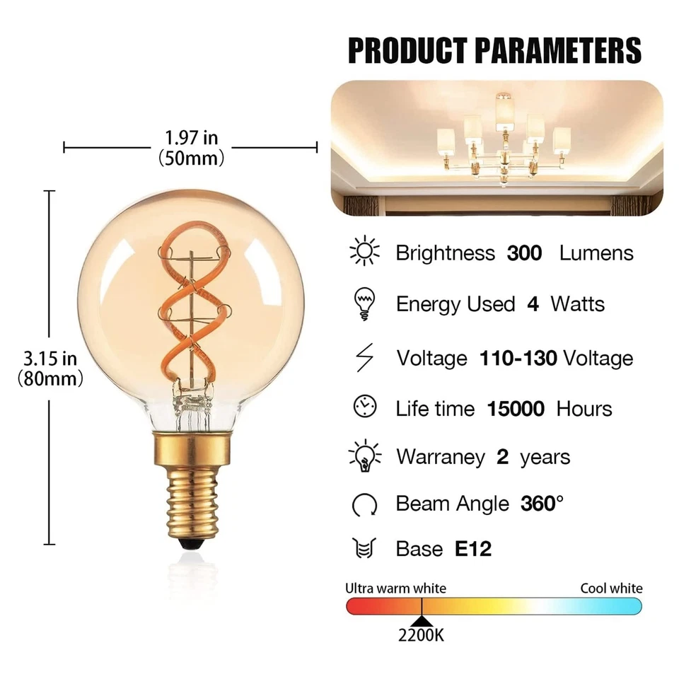 E12 Décor Globe g16.5 Candelabra Light Bulb 4W Dimmable , 40 Watts Equivalent... - Image 2 of 4