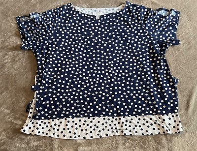 Susan Graver Size 2X Blue/White Polka Dot Layered Blouse Stretchy Liquid Knit