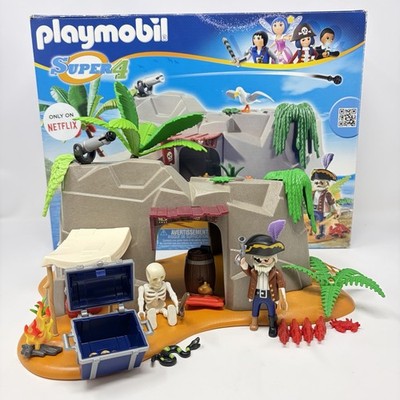 PLAYMOBIL Super 4 Pirate Hideout Island Set w/ Box Manual Figures Incomplete
