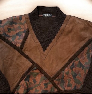 VTG TORRAS Spain Leather Patchwork Knit sweater- S Geometric Avant-Grade 80s/90s