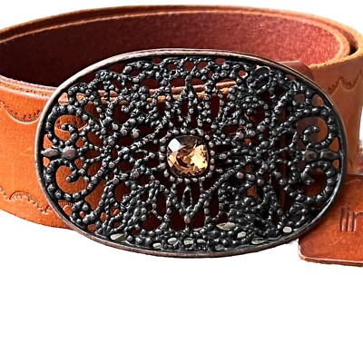 Linea Pelle Brown Leather Belt with Oval Brushed Metal Buckle Linea Pelle Brown Leather Belt Oval Buckle with Amber Stone  main image 4