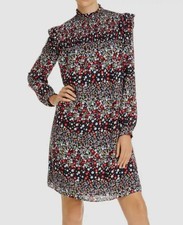 260 Nanette Lepore Women's Blue Floral Ruffle Smocked Mock-Neck Shift Dress 4