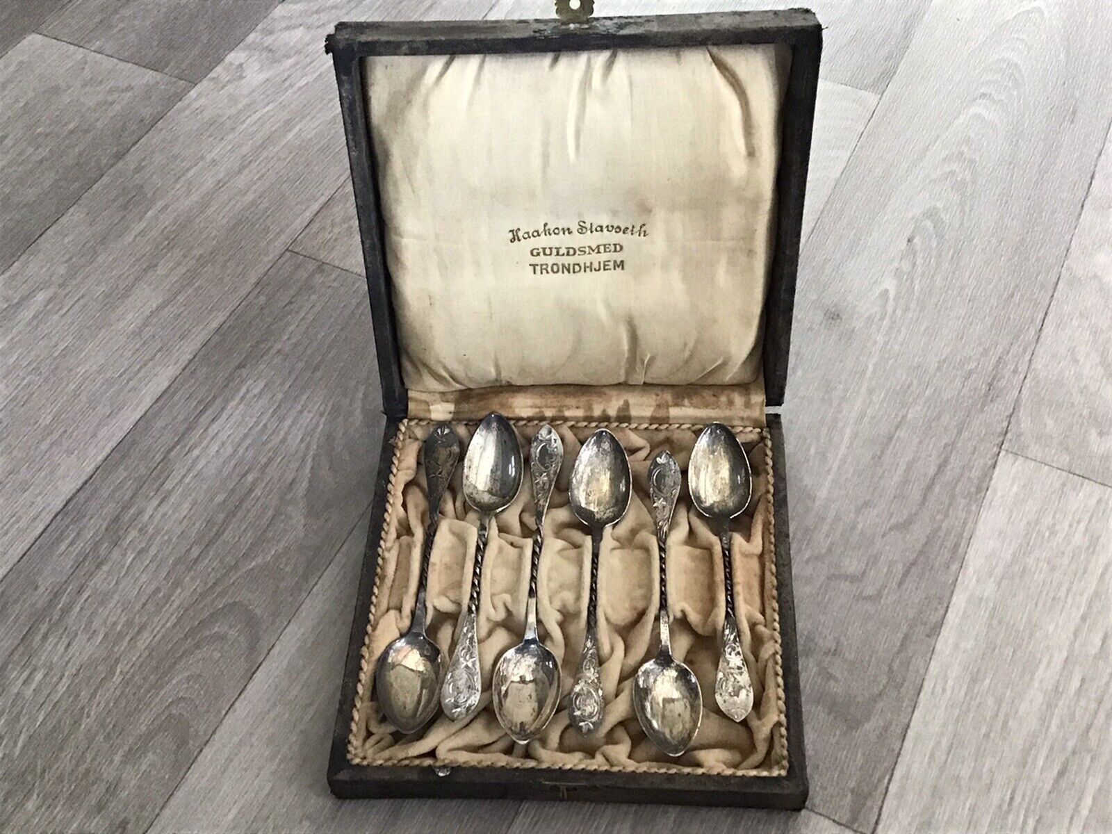 6 Piece 830 Silver Demitasse Spoons Stavseth 1800s Trondjem Norway IOB