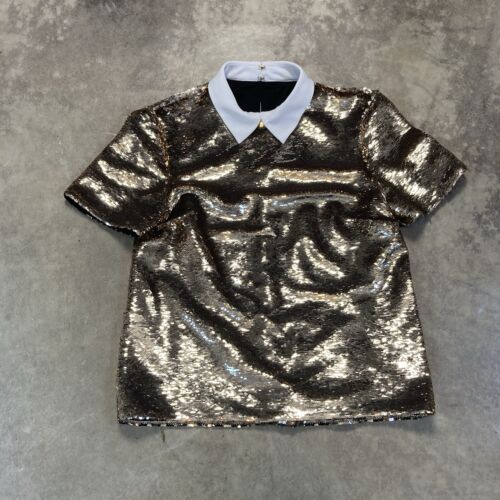 Rachel Zoe Shirt Womens Sz 2 Gold All Over Sequins Collared Dressy Party Top