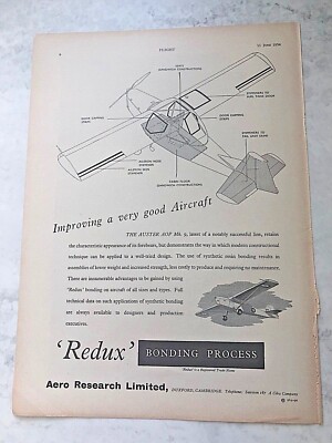 1954 Flugzeugwerbung AERO RESEARCH REDUX BONDING PROCESS AUSTER AOP Mk 9 