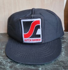 VINTAGE DUTCH HARBOR LOGO PATCH BLACK & GREEN TRUCKER CAP HAT - Vtg Made IN USA