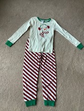 GYMBOREE PAJAMA SET,7, STRIPED PANTS, SNOWMAN WEARING EARMUFFS FRONT TOP
