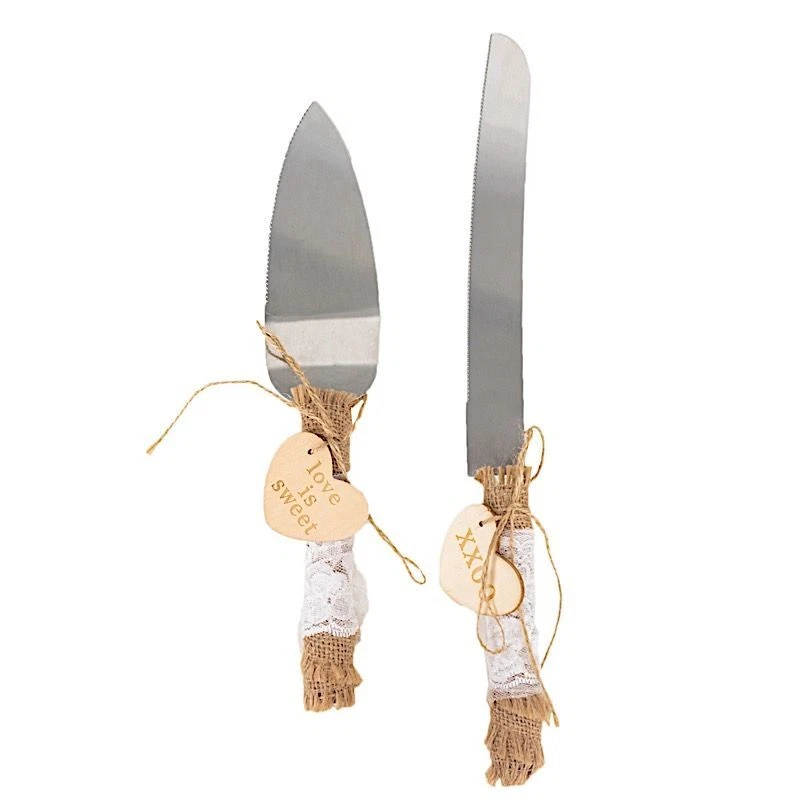 SILVER Wedding Cake KNIFE and Server Set NATURAL Jute Lace Handles Party Events - Image 2 of 4