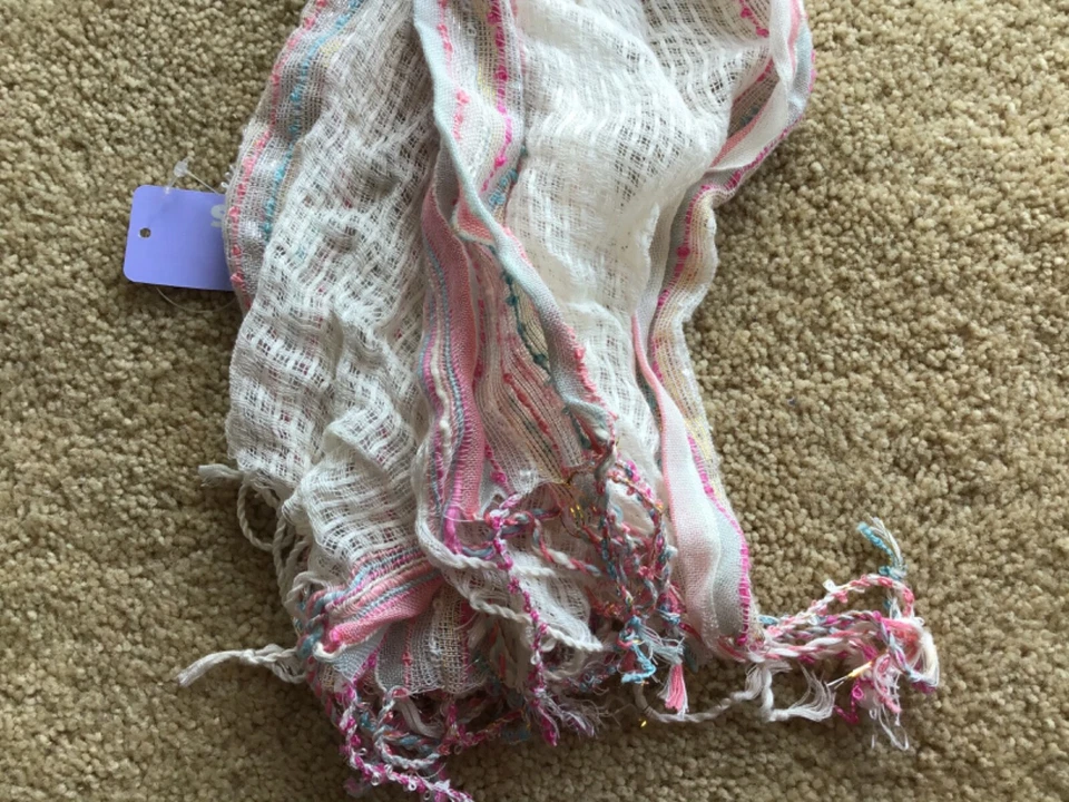 NEW STRIPED IVORY FASHION SCARF W FRINGE PINK BLUE GOLD NWT GIRLS / WOMENS GIFT! - Image 4 of 4