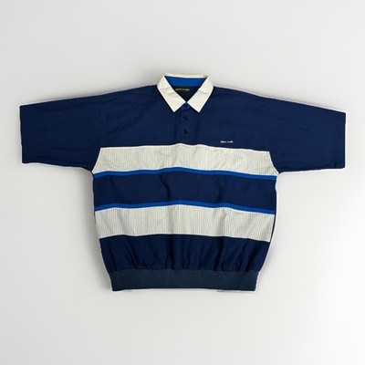 Vintage Pierre Cardin Boxy Striped Polo Shirt Blue White Knit Hem Large