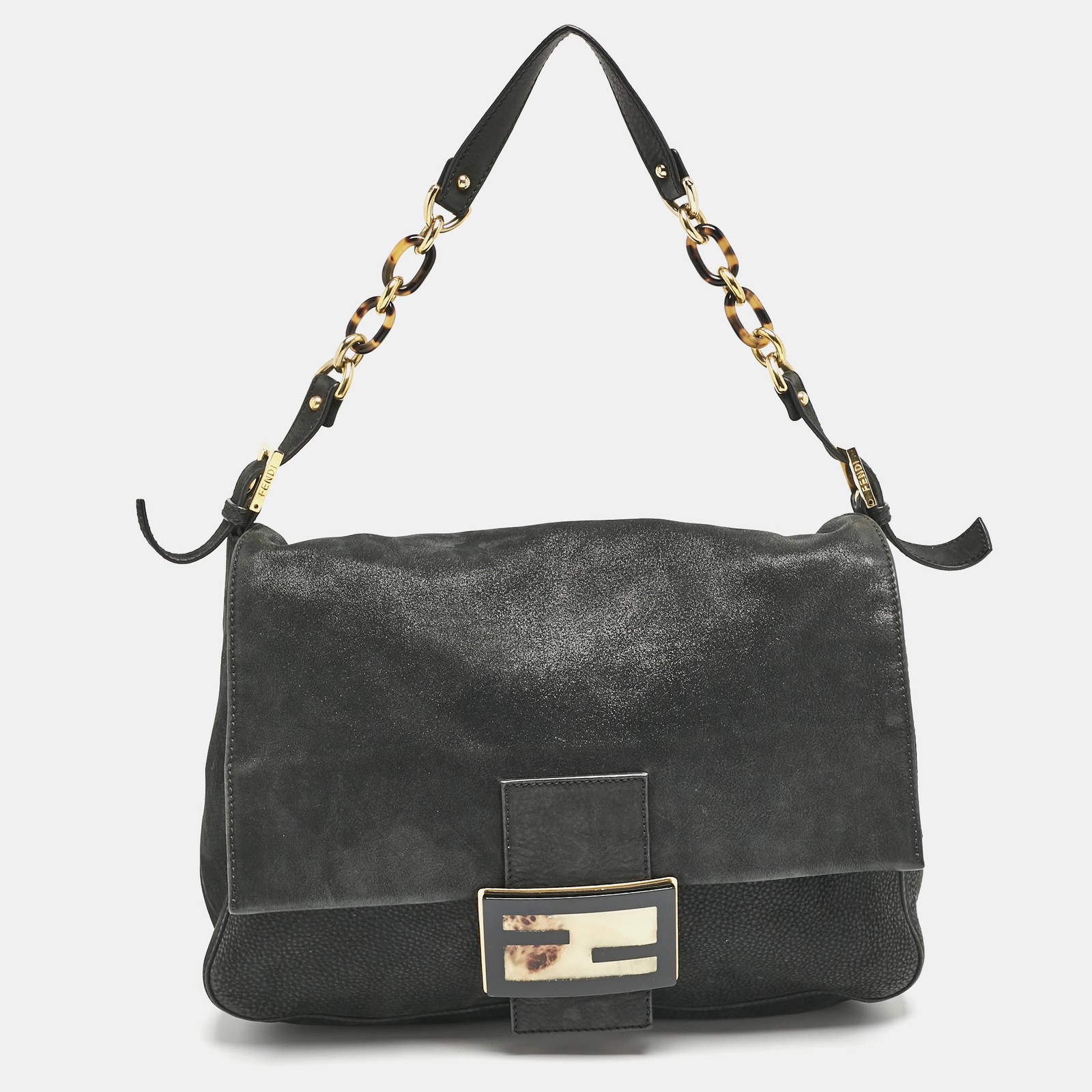 Fendi Black Shimmer Leather Mama Forever Large Flap Shoulder Bag