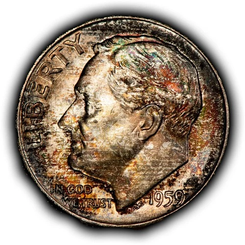 1959 10c Silver Roosevelt Dime - PQ Rainbow Pattern Toning - BU - SKU-Z6340