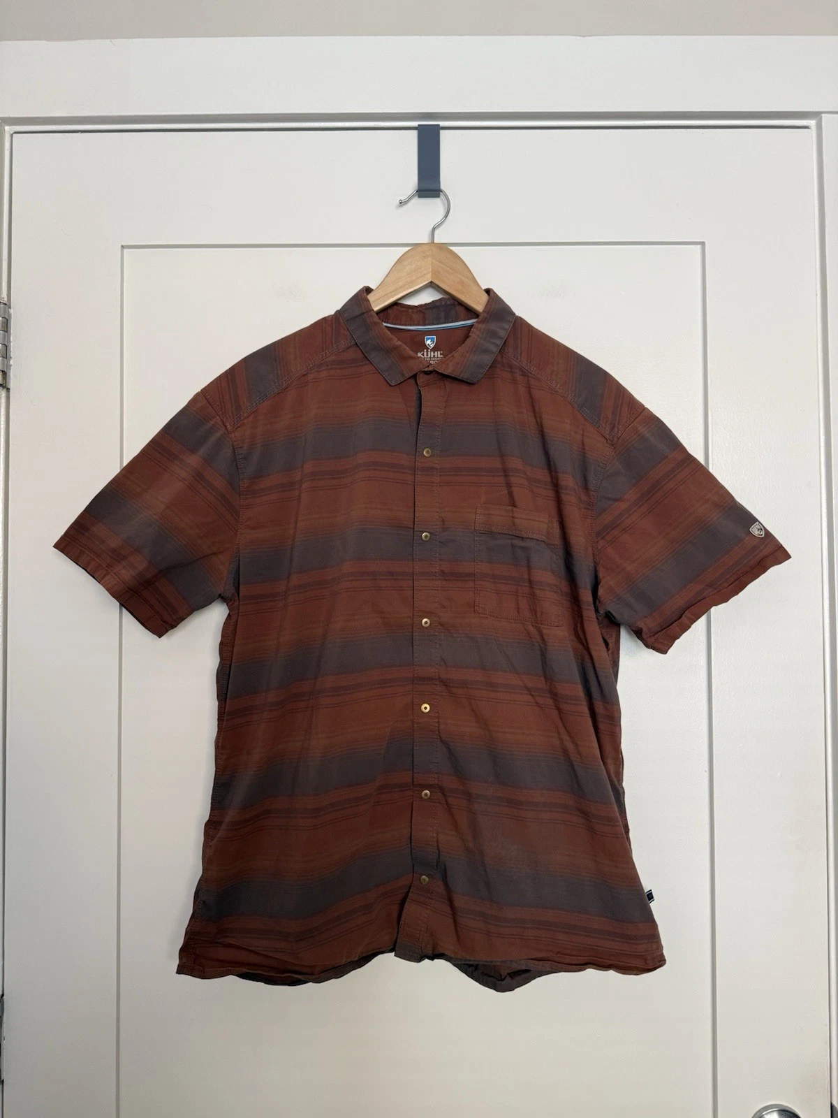 KUHL Shirt Mens Sz XL Brown Striped Short Sleeve Snap Button Up Casual Outdoor