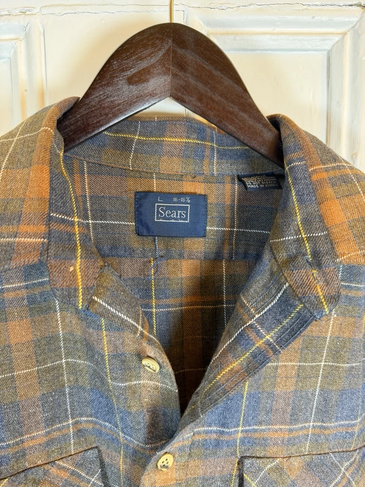 Vintage Sears Plaid Flannel Shirt Mens L Workwear Made in Korea Button Front - Image 2 of 4