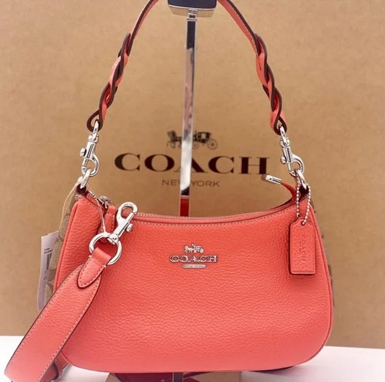 COACH Teri Shoulder Bag In Signature Canvas CJ590 Tangerine / Khaki Crossbody
