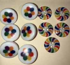 5 RAINBOW SPIRAL Flat 2-hole & 6 Circle Dots Shank  White Plastic Buttons