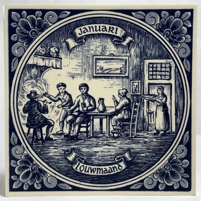 Vintage Delft Blauw Handpainted Holland March Tile Plaque Januari Louwmaand
