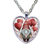 Valentine's Day Gnome with Heart Balloons - HEART-shaped glass pendant necklace