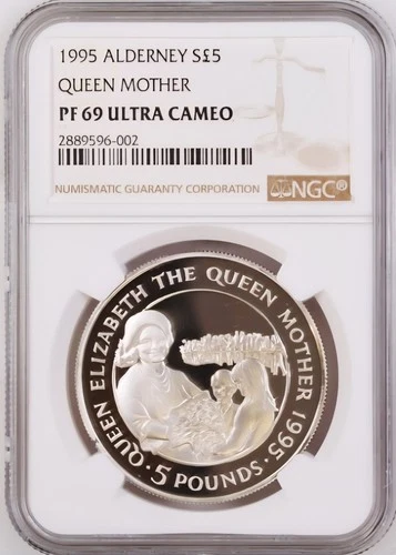 TOP POP - 1995 Alderney Silver £5 Queen Mother Proof NGC PF69