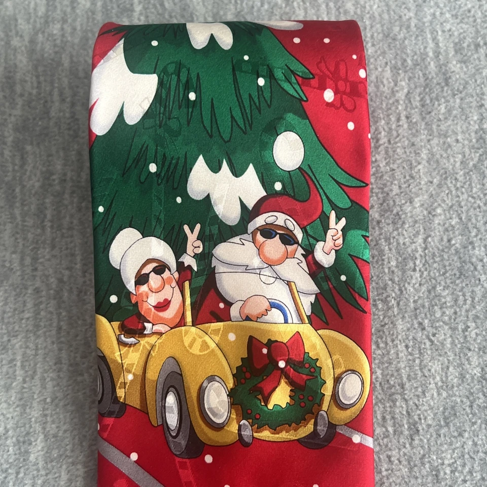 Hallmark Yule Tie Greetings Christmas Santa Mrs Claus Car Peace Silk Men Vintage - Image 2 of 4