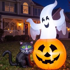 5FT Halloween Inflatable Ghost with Pumpkin Black Cat - Outdoor Yard Decor, Pa