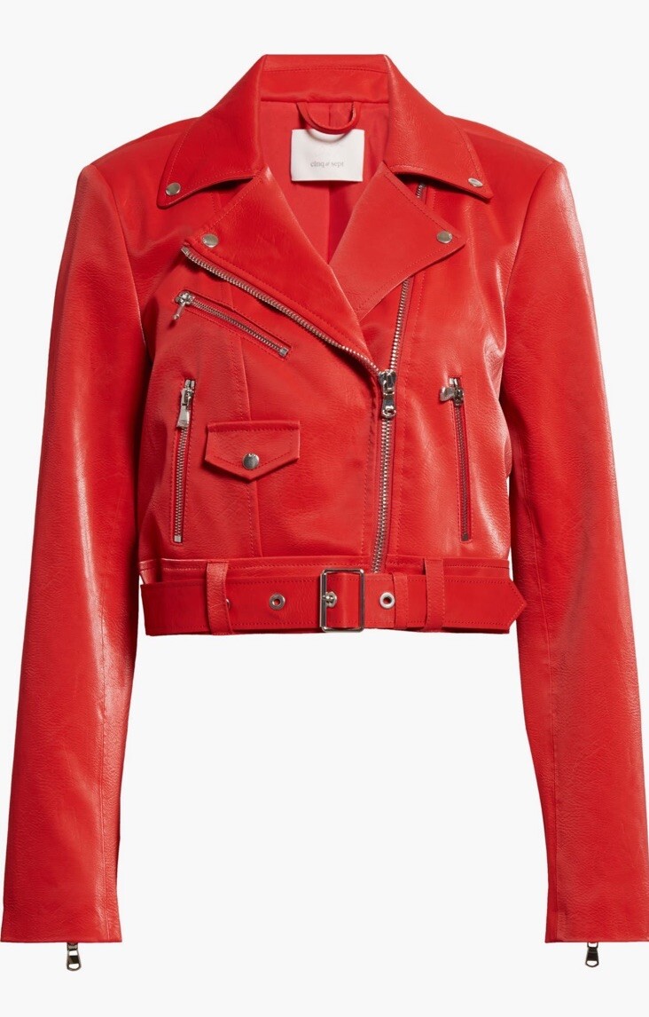 Cinq a Sept Moto Zoe Biker Jacket Red Sangria Vegan Leather Crop