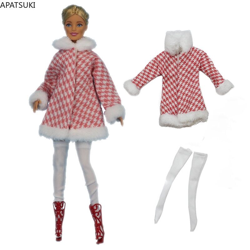 Juego de ropa cálida de invierno para muñeca Barbie rosa entrada de gallo abrigo calcetines de piel