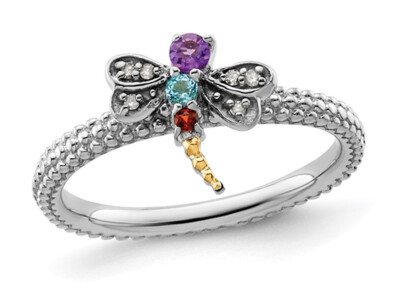 1/10 Karat (ctw) Amethyst, Granat und Blautopas Libelle Ring in Sterlingsilber