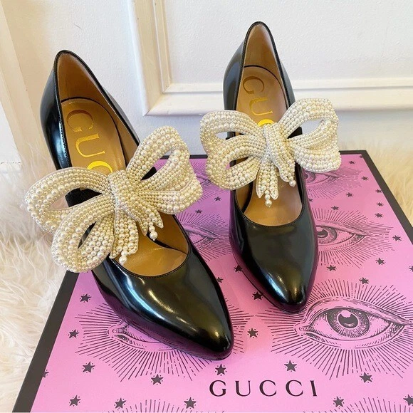 Gucci Elaisa Pearly Bow Pumps Black Leather size 36.5 eBay