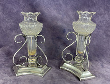 5⅛" Antique 1899 Sterling Silver Matched Pair of Vases Crystal Inserts Betjemann