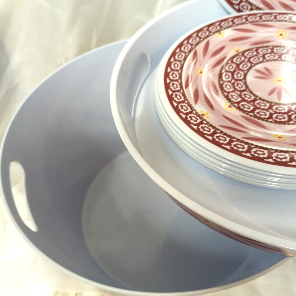 Temptations old world cranberry melamina 10 peças conjunto externo pratos bandeja balde - Imagem 3 de 4