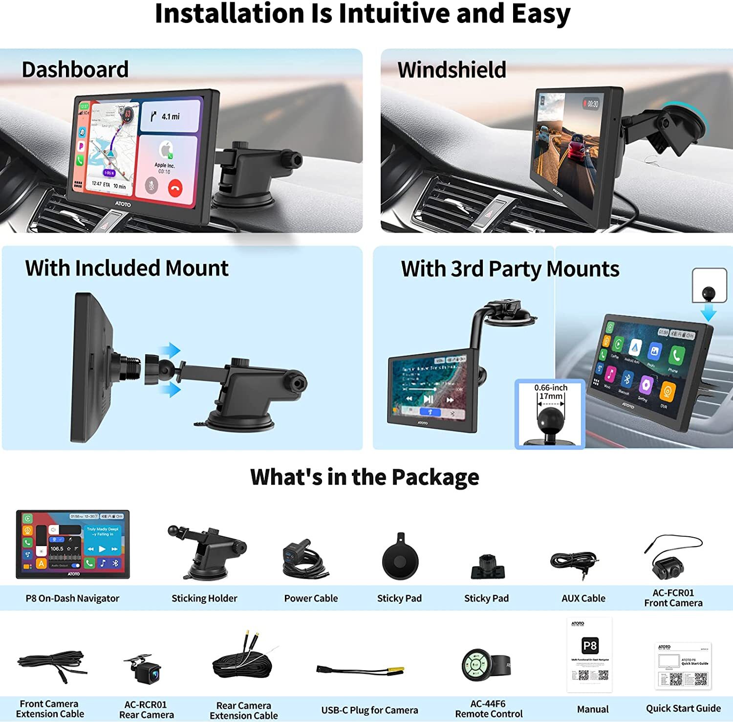 ATOTO P8 7" Portable Car Stereo+Dash&Rear Camera+Remote Control Wireless Carplay