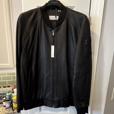 Calvin Klein Men's Black Leather Bomber Jacket Full Zip Lined Short XXL