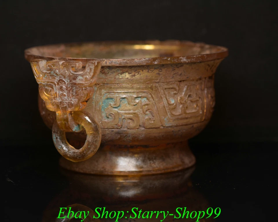 7.4" Old Chinese Dynasty Yellow Colored Glaze Beast Head 2 Ears Incense Burner - Image 3 of 4