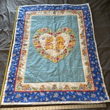 Vtg Handmade Baby Crib Quilt Puppy Dog Kitty Cat Heart Flowers Mouse Blue EUC