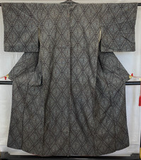 Japanese Vintage Kimono Silk Gray Oshima Tumugi Traditional Authentic Length59in