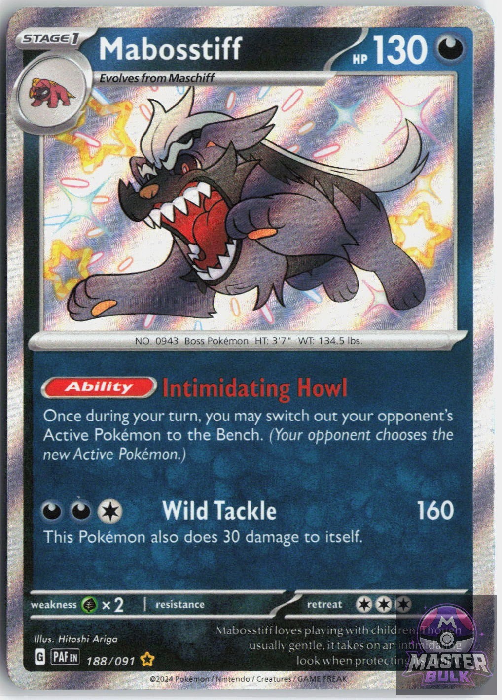 Mabosstiff 188/091 Shiny Rare Paldean Fates Pokemon Near Mint