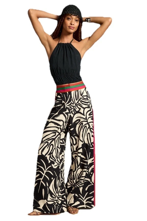 Sweet Rain Palazzo Wide Leg Lounge Beach Pants B&W Leaf w/ Bright Stripes XL