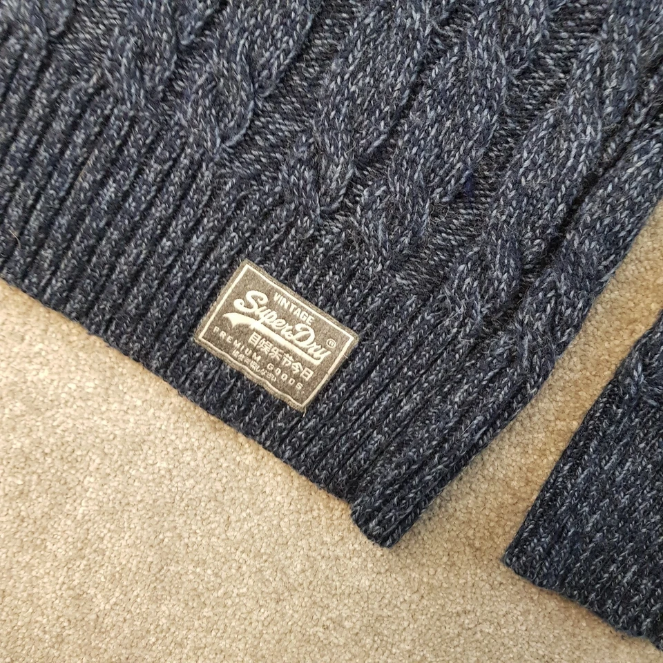 Superdry Mens Jumper Medium Navy Blue Cable Chunky Knit Sweater Wool Blend - Image 2 of 4