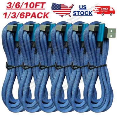 3/6/10Ft 90 Degree Right Angle USB Cable For iPhone 11 12 13 14 Charger Cord Lot