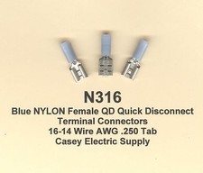 25 Blue NYLON Female QD Quick Disconnect Terminals 16-14 Wire AWG .250 Tab USA