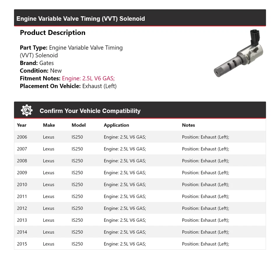 Para Lexus IS250 2006-2015 2,5 L V6 motor de gasolina VVT solenoide escape (izquierda) puertas Foto 2 de 4